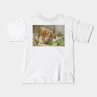 Serval Cat Grooming Her Kitten Kids T-Shirt